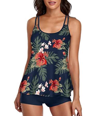 UNIQWETO Flowy Tankini Bathing Suits for Women Tummy Control Swimsuits Two  Piece Swimwear Tank Top with Boyshorts Large Navy & Red Floral