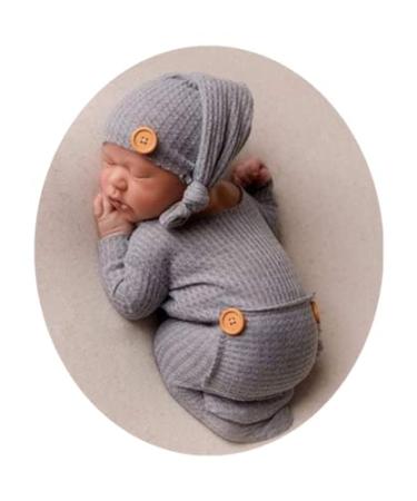 Fashion Newborn Boys Girls Baby Photo Shoot Props Outfits Crochet Clothes  Long Tail Hat Pants Photography Props Gray