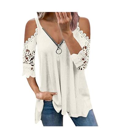 Women Summer Plus Size Tops 2023 Casual Sexy Cold Shoulder Lace Short  Sleeve Shirts Zip Up V Neck T Shirt Blouse Holiday Tops for Women - Dark  Gray Large