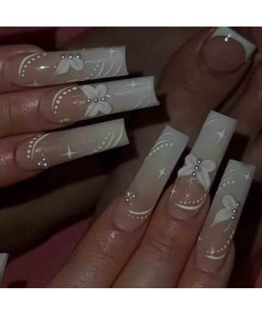 Foccna Coffin Valentine's Day Press on Nails Pink Medium Long Fakes Nails  Rhinestone Women's Bling Acrylic False Nails Full Cover Matte Nails Art