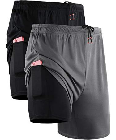 NELEUS Men's 2 in 1 Running Shorts with Liner Dry Fit Workout Shorts with Pockets Medium 6070 Black/Grey 2 Pack