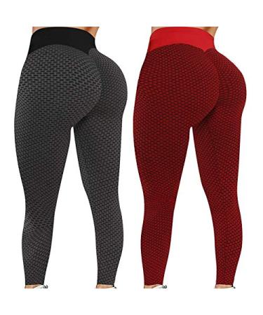 LIEIKIC 2 Pack TIK Tok Leggings Butt Lift Leggings for Women High Waist Tummy  Control Bubble Hip Lift Yoga Pants Red XX-Large