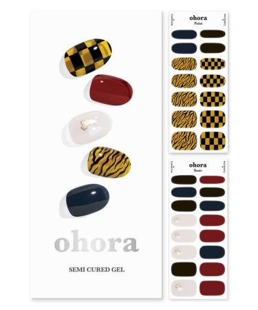 ohora Semi Cured Gel Nail Strips (N Hip Tiger) - Works with Any Nail Lamps, Salon-Quality, Long Lasting, Easy to Apply & Remove - Includes 2 Prep Pads, Nail File & Wooden Stick - Checkered