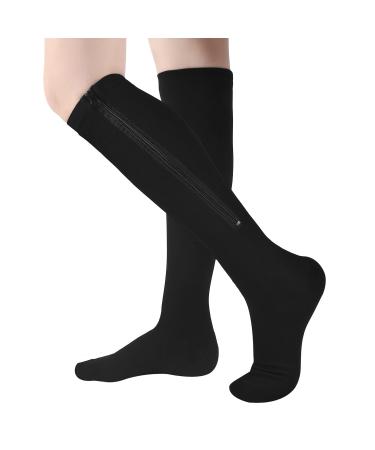 Bropite Zipper Compression Socks Women & Men - 2 Pairs 15-20 mmHg Open Toe Compression  Socks for Walking,Running C - Black /Nude Large-X-Large