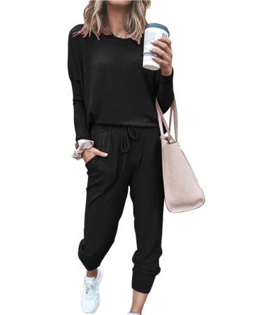 PRETTYGARDEN Women's 2023 Fall Two Piece Outfit Long Sleeve Crewneck  Pullover Tops And Long Pants Tracksuit Sweatsuits A-black Large