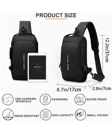 Men's USB Charging Sport Sling Bag with Anti-theft Chest Design and Combination Lock Black