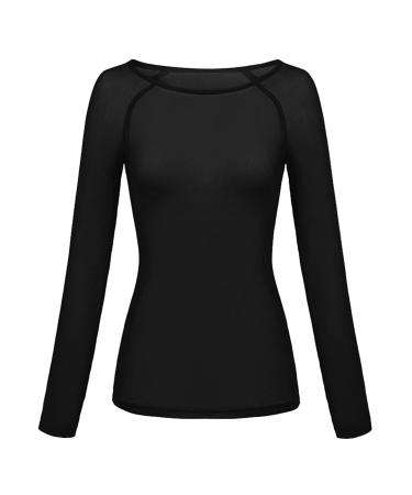 Womens Solid See Through Long Sleeve Seamless Arm Shaper Top Mesh