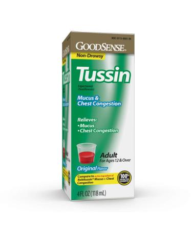 GoodSense Tussin Mucus & Chest Congestion, Guaifenesin, USP 200 mg Expectorant, 4 Ounces 4 Fl Oz (Pack of 1) Original
