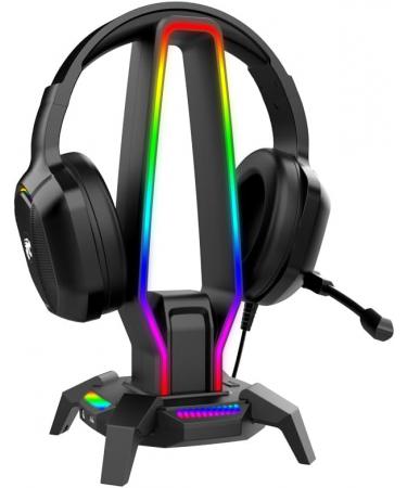 IMYB G6 RGB Headphone Stand with 3 USB 3.0 HD Audio Type-C Port Gaming Headset Holder for Desk 8 Light Modes and Non-Slip Base Suitable PC Gaming Setup Accessories Gamer Gift (Black)