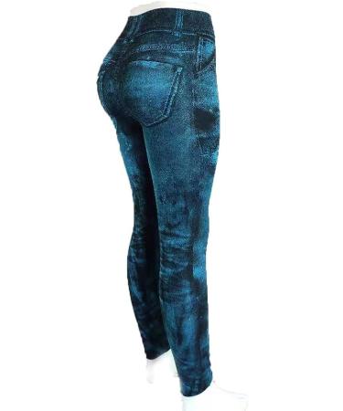 BUIgtTklOP Women's Casual Pants Imitation Denim Print Leggings High Waist  Tummy Control Slim Stretch Cropped Yoga Pants Light Blue 3X-Large