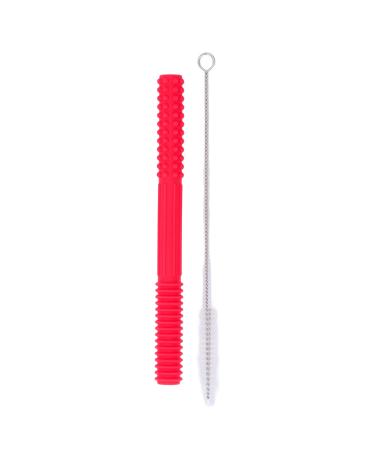 Soft Silicone Teething Tubes Safe Hollow Sensory Toy Teether Tubes with 1 Washing Brush for Toddlers(Red)