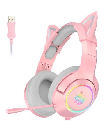 SIMGAL Pink Gaming Headset Only Compatible with PS4 PC Computer and Laptop with 7.1 Virtual Surround Sound Removable Cat Ear Nose Canceling Retractable Microphone USB Plug(No 3.5mm Plug)