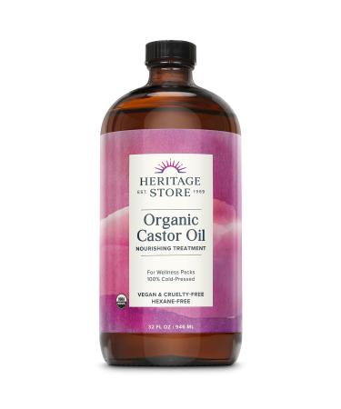 Heritage Store Organic Castor Oil, Nourishing Hair Treatment, Deep Hydration for Healthy Hair Care, Skin Care, Eyelashes & Brows, Castor Oil Packs, Cold Pressed, Hexane Free, Vegan, Cruelty Free, Glass Bottle, 32oz 32 Fl Oz (Pack of 1)