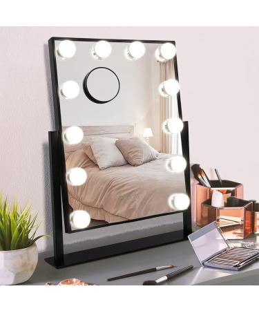 MISAVANITY Rotating Makeup Vanity Mirror with Lights and 3 Color Modes Small Lighted Hollywood Mirror with Touch Control Black Makeup Mirror with 12 Bulbs 10X Magnification Gift for Lady