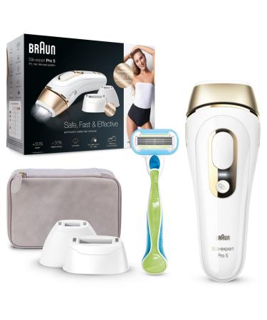 Braun IPL Silk-Expert Pro 5 Visible Hair Removal With Pouch 1 Wide & 2  Precision Heads & Venus Razor Alternative For Laser Hair Removal PL5387  White/Gold IPL 5387