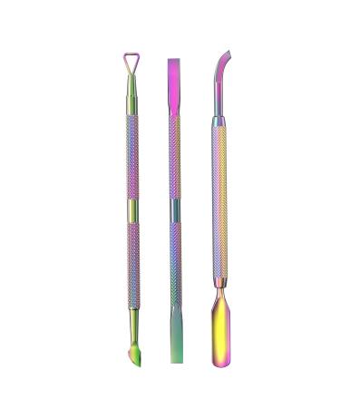 Cuticle Pusher Acetone/Gel/Nail Polish Remover Stainless Steel Professional 3pcs Set Cuticle Scraper Fingernails & Toenails Clean Manicure Tools Cuticle Care for Women&Girl,opove CP-3 (Rainbow Color) B-rainbow Color