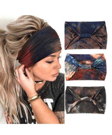 Gortin 3 Pack Boho Wide Headbands African Style Turban Head Bands Leopard Stretch Knotted Head Wraps FloralElastic Yaga Hair Bands Outdoor Sweatbands Fashion Hair Accessory for Black Women and Girls (Set 6)