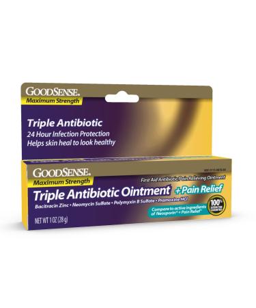 GoodSense Maximum Strength Triple Antibiotic Ointment plus Pain Relief, Soothes Painful Cuts, Scrapes, and Burns, While Preventing Infection, 1 Ounce Triple Antibiotic Ointment + Pain Relief