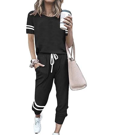 PRETTYGARDEN Women's Two Piece Tracksuit V Neck Short Sleeve Tops Long Pants  With Drawstring Outfits Jogger Sets Black Large