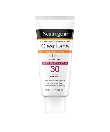 Neutrogena Clear Face Liquid Sunscreen for Acne-Prone Skin, Broad Spectrum SPF 30 Sunscreen Lotion with Helioplex, Oxybenzone-Free, Oil-Free, Fragrance-Free Non-Comedogenic, 3 fl. oz
