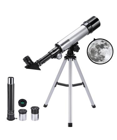 Merkmak Telescope for Kids & Beginners, Kids Telescope 50mm Aperture 360mm AZ, 90X Magnification Astronomical Refracting Telescope with Tripod for Kids to Explore The Moon and Star Silver
