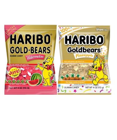 Haribo Goldbears Gummi Candy 4 oz. Pack, Watermelon and Pineapple Gummy Sweet Chewy Bear Shaped Candy (2 Count) 4 Ounce (Pack of 2)