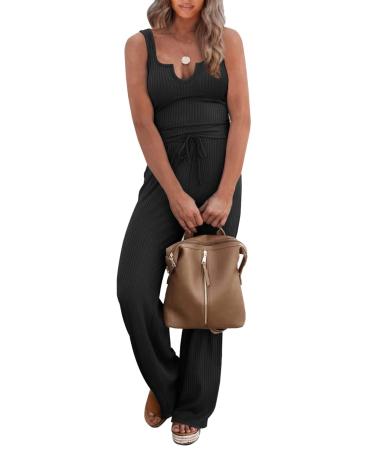 PRETTYGARDEN Women's Two Piece Tracksuit V Neck Short Sleeve Tops Long Pants  With Drawstring Outfits Jogger Sets Black Large