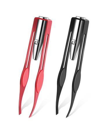 2 Pieces Tweezers with LED Light Hair Removal Lighted Tweezers Makeup  Tweezers with Light for Women Precision Eyebrow Hair Removal Tweezers  Stainless Steel Tweezers (Red)