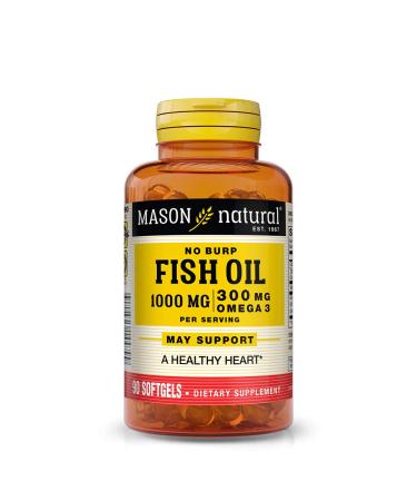 MASON NATURAL No Burp Fish Oil 1000 mg Omega-3 300 mg - Healthy Heart Supports Circulatory Function Improved Cardiovascular Health 90 Softgels