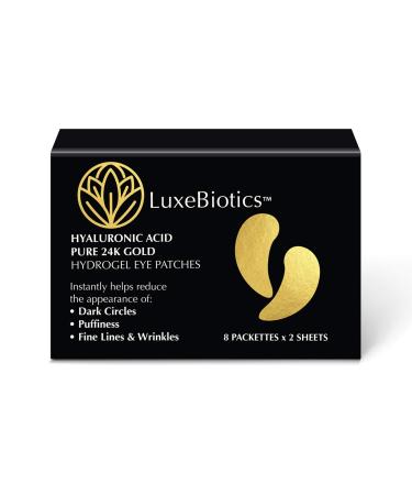 LuxeBiotics 24K Pure Gold Under Eye Patches Hyaluronic Acid Hydrogel Eye Face Mask For Dark Circles Puffiness Eye Bags Fine Lines Wrinkles Anti Aging (1 Box 8 Packs 16 Patches)