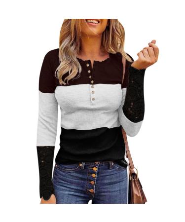 Long Sleeve Shirts for Women Trendy, Womens Ribbed Knit Henley Long Sleeves  Tunic Lace Tops V Neck Button Slim Fit Blouse Tee Medium Black