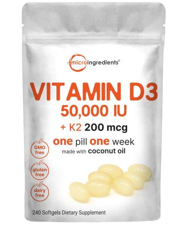 Vitamin D3 50 000 IU Plus K2 (MK-7) 200 mcg 240 Virgin Coconut Oil Softgels | 2 in 1 Vitamins D & K Complex | Supports Calcium Absorption Bone Immune & Heart Health | Easy to Swallow