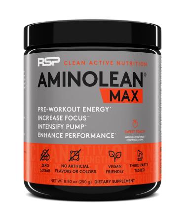 AminoLean MAX Pre Workout - Intense Energy, Massive Pumps, Laser Focus with Natural Caffeine, Nitric Oxide, Beta Alanine, BCAAs, Nootropics, 25 Serv Sweet Peach