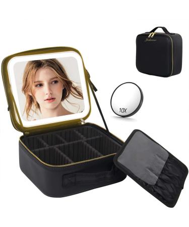 Jadazror Makeup Train Case with Mirror and Light 3 Color Adjust Brightness,Makeup Bag with Mirror Rechargeable Cosmetic Case with 2-Layers Adjustable Dividers & Detachable 10X Magnifying Mirror(Black)