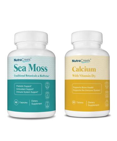 NutraCreek Sea Moss & Calcium with Vitamin D3 Supplement Bundle | 60 Irish Sea Moss Capsules with Burdock Root Plus 60 Calcium 1200 mg with Vitamin D3 Tablets