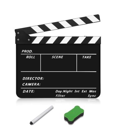Flexzion Acrylic Plastic Clapboard Director's Clapper Board Dry Erase Cut Action Scene Slateboard for Hollywood Camera Film Studio Home Movie Video 10x12" with Black/White Sticks