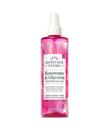 Heritage Store Rosewater & Glycerin Hydrating Facial Mist for Dewy, Radiant Skin | No Dyes or Alcohol, Cruelty Free (12 Ounce) 12 Fl Oz (Pack of 1)