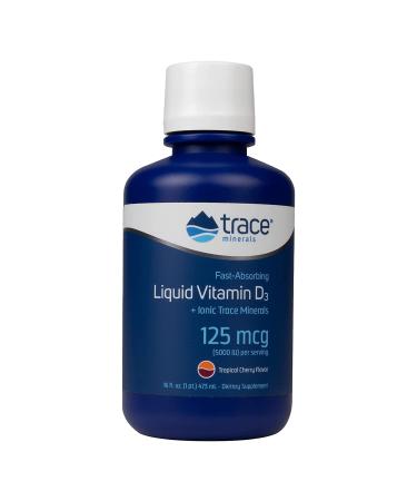 Trace Minerals | Liquid Vitamin D3 | 126mcg (5000 IU) D3 with 72+ Concentrace Ionic Trace Minerals | Fast Absorbing High Potency | Natural Tropical Cherry Flavor | 32 Servings 16 fl oz