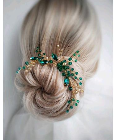 Denifery Emerald Wedding Hair Piece Green Hair Vine Bridal Gold Jewelry  Headpiece Wedding Hair Accessories Emerald Green