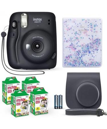 Fujifilm Instax Mini 11 Instant Camera Charcoal Gray + Fuji Film Value Pack (40 Sheets) + Shutter Accessories Bundle Including Compatible Carrying Case Quicksand Beads Photo Album 64 Pockets