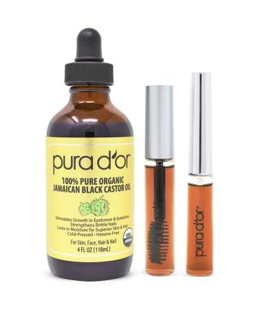 PURA D'OR Organic Jamaican Black Castor Oil, Natural Smoky Scent (4oz + 2 BONUS Pre-Filled Eyelash & Eyebrow Brushes) 100% Pure, Cold Pressed & Roasted, Hexane Free Growth Serum Fuller Lashes & Brows Earthy 1 Count (Pack o