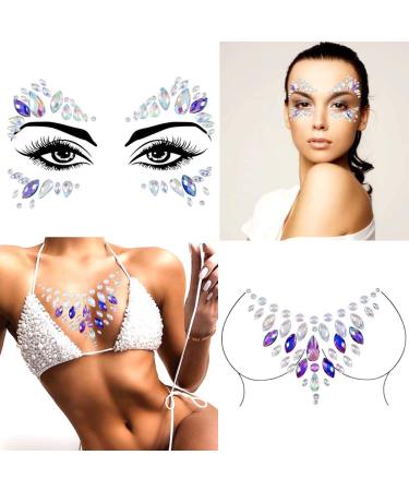 Chicque Rhinestone Face Gems Mermaid Cross Chest Gem Crystal Eyes Face  Stickers Jewels Body Rave Festival Party Face Jewelry for Women and Girls  2PCS