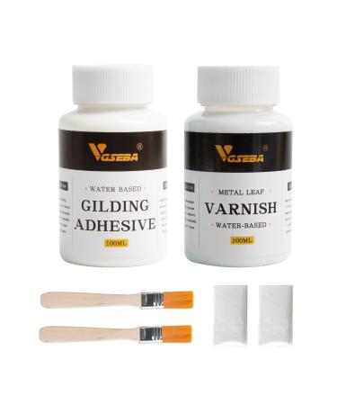 Gold Leaf Adhesive, Gilding Adhesive Set, Metal Leaf Glue and Varnish for Craft, Arts Use (200ml + 2 Brushes + 2 Gloves) 100ml Glue+100ml varnish