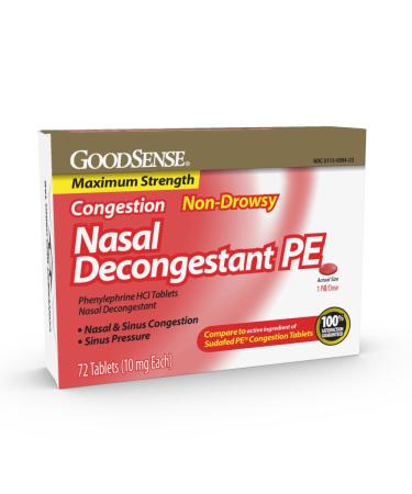 GoodSense Maximum Strength Nasal Decongestant PE, Phenylephrine HCl 10 mg, Sinus Congestion Relief Relieves Nasal Congestion Due to Hay Fever, Common Cold and Upper Respiratory Allergies, 72 Count