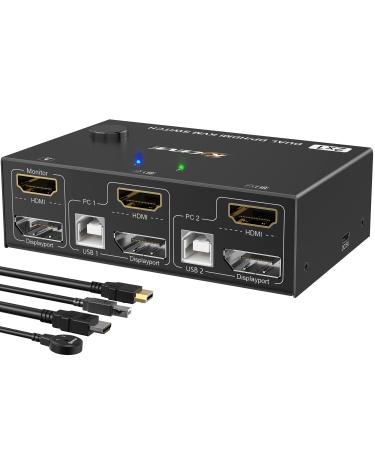 Dual Monitor KVM Switch HDMI+Displayport 4K 60Hz 2K 120Hz MLEEDA HDMI DP Extended Display Switcher for 2 Computers Share 2 Monitors and 4 USB 2.0 Ports Wired Remote and 4 Cables Included