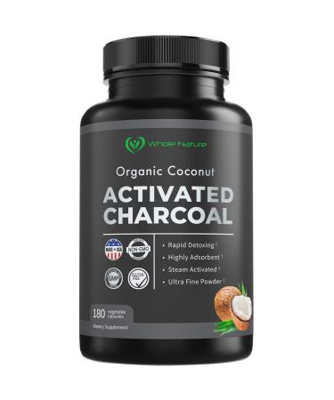 Coconut Activated Charcoal Capsules, 180 Charcoal Pills, Detox, Teeth Whitening, Reduce Constipation and Bloating, Stomach Gas, Heartburn Relief, Pure Coconut Derived Supplement, Organic & Vegan (1)