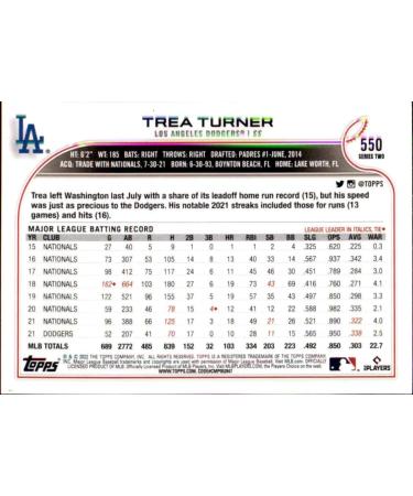 2022 Topps Trea Turner #550 Los Angeles Dodgers Baseball Card