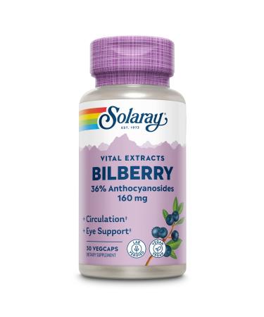 Solaray Bilberry Extract 160 mg, Eye Health & Circulation Support, 36% Anthocyanosides Plus Blueberry, Vegan, 30 VegCaps