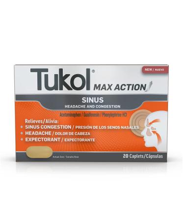 TUKOL Max Action Sinus Congestion & Pressure Caplets for Pain Headache Relief Expectorant Non-Drowsy 20 Count