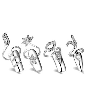  4 PCS Rhinestone Finger Tip Nail Ring Adjustable